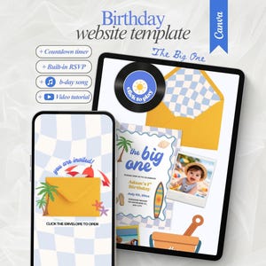Peut inclure: Un modèle de site web d'anniversaire numérique affiché sur un smartphone et une tablette. Le design présente une enveloppe jaune, un motif à carreaux bleu et blanc, des palmiers et le texte "The Big One" et "You are invited!" avec des icônes.