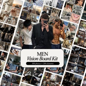 Könnte beinhalten: Eine Collage von Bildern mit einem zentralen Banner mit der Aufschrift "MEN Vision Board Kit" mit "300 Fotos + 200 Elemente". Die Bilder zeigen verschiedene Lifestyle-Szenen, darunter Männer, Innenräume und Objekte.