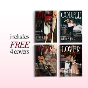 Puede incluir: Se muestran cuatro portadas de revistas con temas rom&aacute;nticos. Las portadas presentan las palabras "Endless Love", "Couple", "Amore" y "Lover". Tambi&eacute;n es visible el texto "Includes FREE 4 covers". Las revistas presentan parejas y los nombres "Avery & Jack".