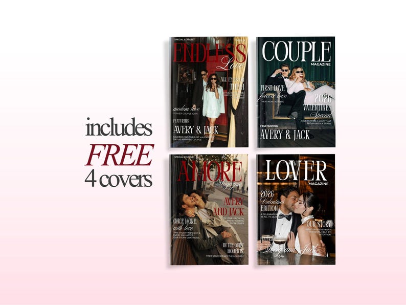 Puede incluir: Se muestran cuatro portadas de revistas con temas rom&aacute;nticos. Las portadas presentan las palabras "Endless Love", "Couple", "Amore" y "Lover". Tambi&eacute;n es visible el texto "Includes FREE 4 covers". Las revistas presentan parejas y los nombres "Avery & Jack".