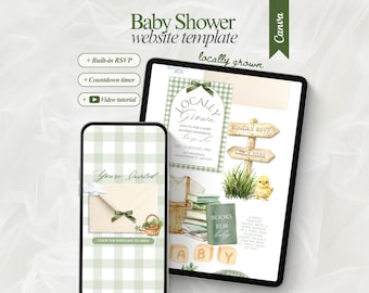 Modello di sito web per baby shower a tema prodotti locali modificabile con RSVP personalizzabile su Canva. Invito per baby shower a tema mercato contadino e prodotti locali.