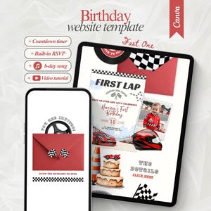 Può includere: Un modello di sito web digitale per compleanni a tema auto da corsa. Il design include un tablet e uno smartphone che mostrano il layout del sito web, con un timer per il conto alla rovescia, RSVP e una canzone di compleanno. La combinazione di colori è rosso, nero e bianco.
