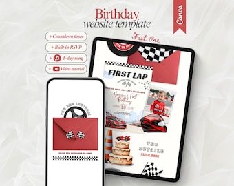 Editable Race Car Birthday Website Template with RSVP Fast One Boy First Birthday Digital Invitation First Lap around the track invitation