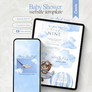 Może przedstawiać: Szablon strony internetowej na baby shower wyświetlony na tablecie i smartfonie. Projekt zawiera jasnoniebieskie chmury, misia pilota w samolocie oraz tekst We Are On Cloud Nine, Kindly Rsvp i Diaper Raffle.