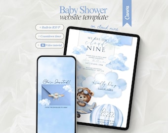 Bewerkbare babyshoweruitnodiging Cloud Nine We are on cloud Nine babyshowerwebsite met RSVP-functie Uitnodiging babyshower vliegtuig vliegtuig