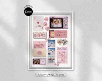 May include: A framed collage with a pink theme, featuring a digital camera, playing cards, dice, photos, and a matchbox with the names "Joana + Hailey". The date "06-08-2015" is displayed. The text "editable in Canva" is visible.