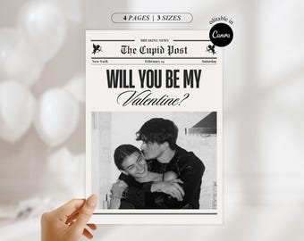 Editable Valentines Day Newspaper Canva Template Custom Valentines Cupid Newspaper Printable Will You Be My Valentine easy DIY Couple Gift