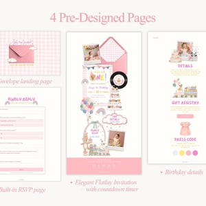 Puede incluir: Un conjunto de invitaciones digitales con cuatro p&aacute;ginas predise&ntilde;adas. Incluye una p&aacute;gina de destino de sobre, una p&aacute;gina de confirmaci&oacute;n de asistencia integrada, una elegante invitaci&oacute;n plana con temporizador de cuenta regresiva y detalles de cumplea&ntilde;os. El dise&ntilde;o presenta elementos rosas y blancos.