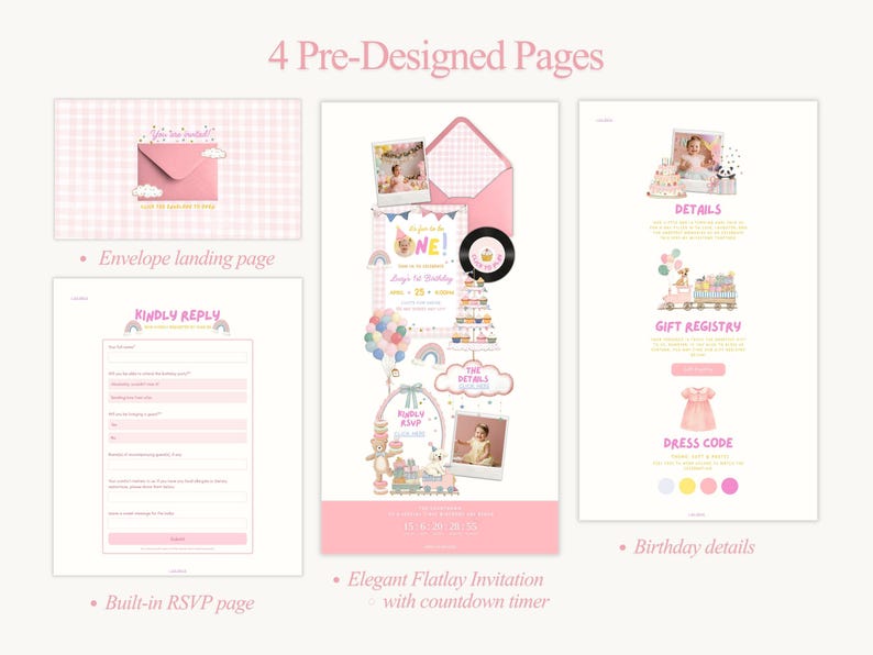 Puede incluir: Un conjunto de invitaciones digitales con cuatro p&aacute;ginas predise&ntilde;adas. Incluye una p&aacute;gina de destino de sobre, una p&aacute;gina de confirmaci&oacute;n de asistencia integrada, una elegante invitaci&oacute;n plana con temporizador de cuenta regresiva y detalles de cumplea&ntilde;os. El dise&ntilde;o presenta elementos rosas y blancos.