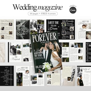 Può includere: Un modello di rivista di matrimonio digitale con 44 pagine e 4 copertine gratuite, modificabile in Canva. Il layout include sezioni per il corteo nuziale, la storia d'amore, la proposta e la cronologia, con fotografie in bianco e nero.