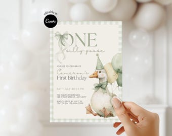 boy birthday invite Silly Goose First Birthday Cute One Silly Goose Invitation Template Editable Boy 1st Birthday Green Printable Invite