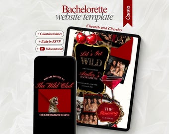 Editable Cheetah and Cherries bachelorette website with RSVP old money bachelorette party invitation Let's Get Wild bachelorette itinerary