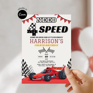 Plantilla editable de cumpleaños de Need Four Speed, invitación animada de coche de carreras, invitación digital de cumpleaños para niño, tema de carreras para niños de 4.º cumpleaños