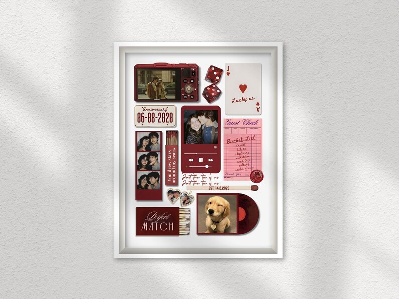 May include: A framed collage with various burgundy-colored elements. Includes photos, a vintage-style camera, dice, playing cards, and a vinyl record. Text includes "Anniversary 06-08-2020", "Perfect Match", and "Lucky us".