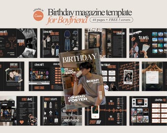 Regalo personalizable fácil para tu novio. Revista de cumpleaños editable con cinco portadas gratis. Plantilla estética de revista de cumpleaños para él.