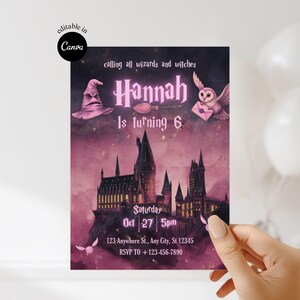 May include: A party invitation with a magical theme. The invitation features a pink Hogwarts castle, a sorting hat, a broom, and an owl. The text reads "Hannah is turning 6" and includes event details.