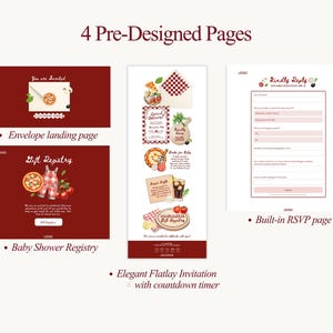 Pu&ograve; includere: Immagine che mostra quattro pagine pre-progettate: una pagina di destinazione della busta, un registro baby shower, un elegante invito flatlay con un timer per il conto alla rovescia e una pagina RSVP integrata. Il design presenta illustrazioni di pizza e cibo.
