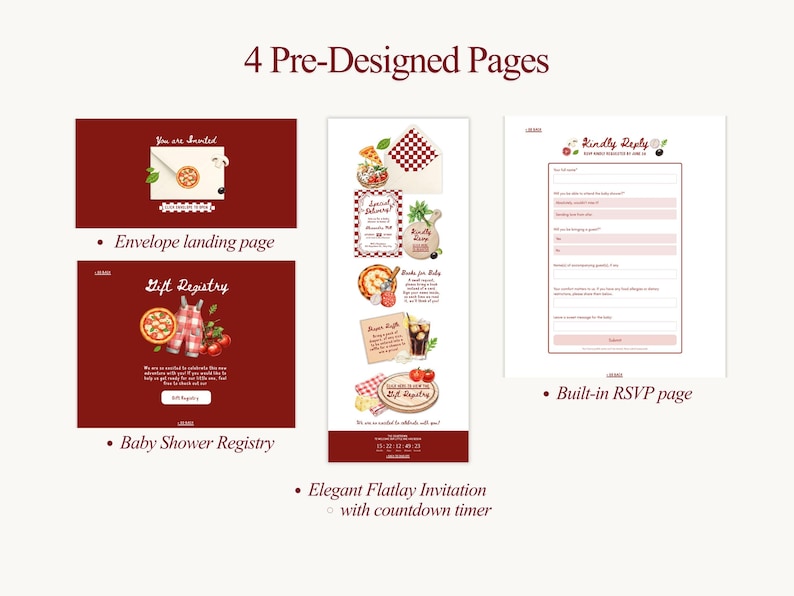Pu&ograve; includere: Immagine che mostra quattro pagine pre-progettate: una pagina di destinazione della busta, un registro baby shower, un elegante invito flatlay con un timer per il conto alla rovescia e una pagina RSVP integrata. Il design presenta illustrazioni di pizza e cibo.