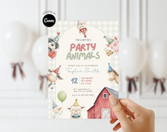 Editable Farm Birthday Party Invite Calling All Party Animals Invitation Ranch Birthday Design Cute Barn Animals Kids Birthday Party Invite