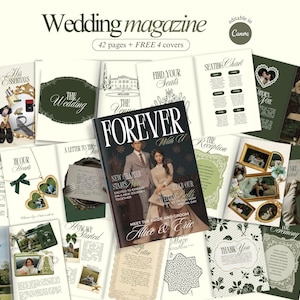 May include: A wedding magazine with a cover that reads "FOREVER With Us". The magazine has 42 pages and 4 free covers. The magazine's pages feature wedding photos, seating charts, and other wedding-related content.