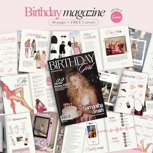 May include: A pink magazine titled "Birthday Girl" with a woman on the cover holding a cake. The magazine is surrounded by open pages with pink accents and text. The text "Birthday magazine" is at the top.
