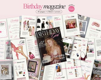 May include: A pink magazine titled "Birthday Girl" with a woman on the cover holding a cake. The magazine is surrounded by open pages with pink accents and text. The text "Birthday magazine" is at the top.