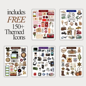 May include: An image featuring themed icon sets, including "Love Icons," "Travel Icons," "Retro Icons," "Vintage Tech Icons," and "Wild West Icons." The image also includes the text "FREE 150+ Themed Icons."