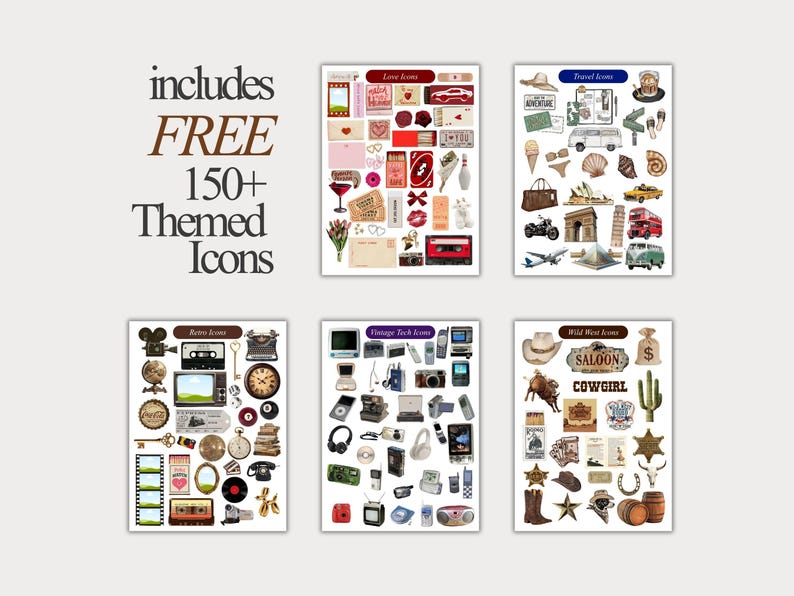 May include: An image featuring themed icon sets, including "Love Icons," "Travel Icons," "Retro Icons," "Vintage Tech Icons," and "Wild West Icons." The image also includes the text "FREE 150+ Themed Icons."