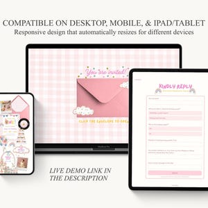 Puede incluir: Un dise&ntilde;o de invitaci&oacute;n digital que se muestra en un tel&eacute;fono inteligente, una computadora port&aacute;til y una tableta. El dise&ntilde;o presenta un sobre rosa con el texto "You are invited!" y un formulario que dice "Kindly Reply". El texto "CLICK THE ENVELOPE TO OPEN" tambi&eacute;n es visible.