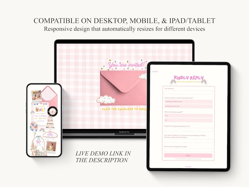Puede incluir: Un dise&ntilde;o de invitaci&oacute;n digital que se muestra en un tel&eacute;fono inteligente, una computadora port&aacute;til y una tableta. El dise&ntilde;o presenta un sobre rosa con el texto "You are invited!" y un formulario que dice "Kindly Reply". El texto "CLICK THE ENVELOPE TO OPEN" tambi&eacute;n es visible.