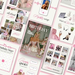 May include: A collection of pink and white stationery items, including a magazine cover with the word "BIRTHDAY", a calendar, and a notebook with the words "Birthday memories". Other items include a phone, a laptop, and a Spotify wrap graphic.