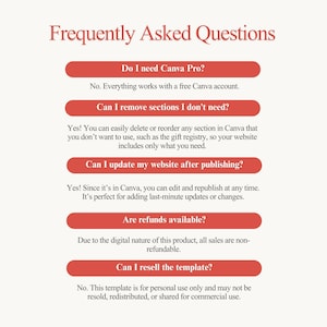 Puede incluir: Gr&aacute;fico color crema con el t&iacute;tulo "Frequently Asked Questions" en rojo. El texto responde preguntas sobre el uso de Canva, incluyendo si se necesita Canva Pro, c&oacute;mo eliminar secciones y si es posible actualizar.