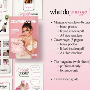 May include: A pink-themed digital product display featuring a Cosmopolitan magazine cover with Samantha Smith, a birthday bingo card, and other templates. Text includes "What's on Her desk?" and "Iconic quotes".