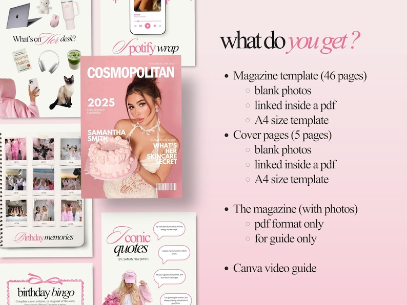 May include: A pink-themed digital product display featuring a Cosmopolitan magazine cover with Samantha Smith, a birthday bingo card, and other templates. Text includes "What's on Her desk?" and "Iconic quotes".