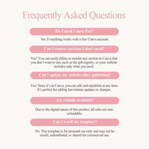 Puede incluir: Un gr&aacute;fico beige claro con el texto "Frequently Asked Questions" en rosa. Las preguntas y respuestas est&aacute;n en una combinaci&oacute;n de colores rosa y blanco. Las preguntas incluyen: "Do I need Canva Pro?" y "Can I remove sections I don't need?"