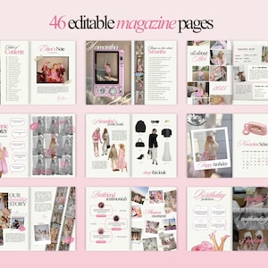 May include: A layout of magazine pages with a pink theme. The pages feature photos, text, and graphics. The text includes "46 editable magazine pages", "Editor's Note", "Contents", "Iconic Quotes", "Our Story", and "Bestfriend testimonials".