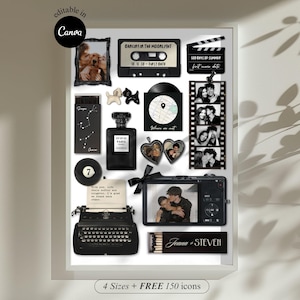May include: A monochrome collage featuring photos, a cassette tape, a film clapper, a perfume bottle, and a typewriter. The collage includes the text "editable in Canva" and "Joana + STEVEN".