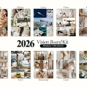 Puede incluir: Un kit de vision board con el texto "2026 Vision Board Kit" y "300 fotos +200 elementos". El tablero está dividido en secciones etiquetadas como "Skincare", "Wellness", "Luxury", "Fitness", "Aesthetic", "Home", "Travel", "Relationship", "Career" y "Sports".