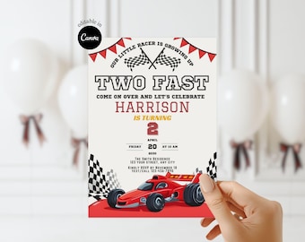 Two Fast Birthday party Animated Race Car Invitation Editable Racecar Boy Second Birthday invite Kids Racing theme Birthday Party Invitation