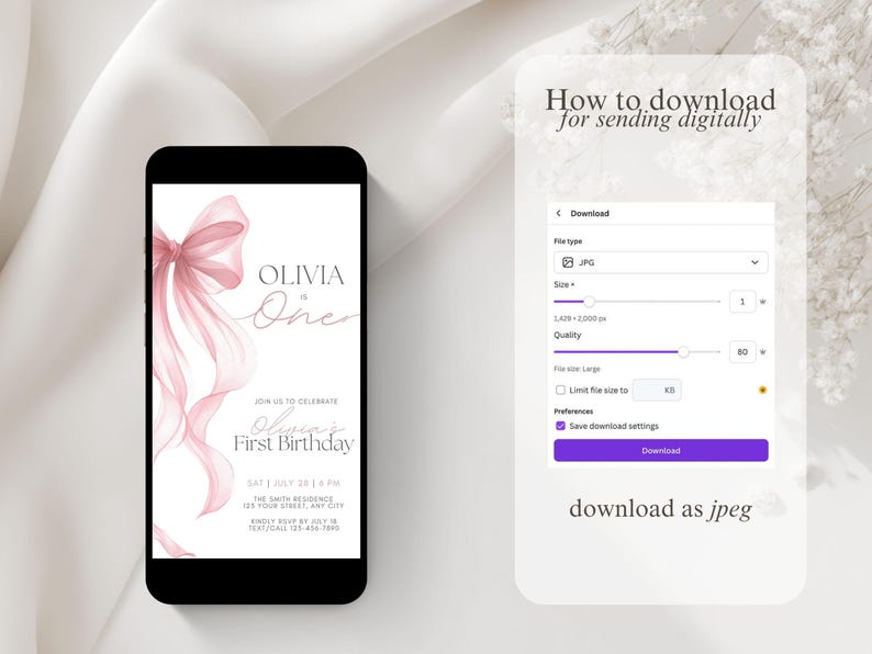 Peut inclure: Un smartphone affiche une invitation d'anniversaire rose et blanche avec le texte "Olivia & One". L'invitation pr&eacute;sente un n&oelig;ud aquarelle et les mots "Olivia's First Birthday". Un guide de t&eacute;l&eacute;chargement num&eacute;rique est affich&eacute;.