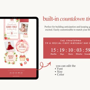 Puede incluir: Una tableta digital muestra una invitaci&oacute;n a una fiesta de cumplea&ntilde;os con tem&aacute;tica de fresas. El dise&ntilde;o incluye fotos, texto y un temporizador de cuenta regresiva. El texto dice "Caroline's Berry First Birthday Party" y "Kindly RSVP". El temporizador muestra 15 meses, 19 d&iacute;as, 10 horas, 3 minutos y 59 segundos.