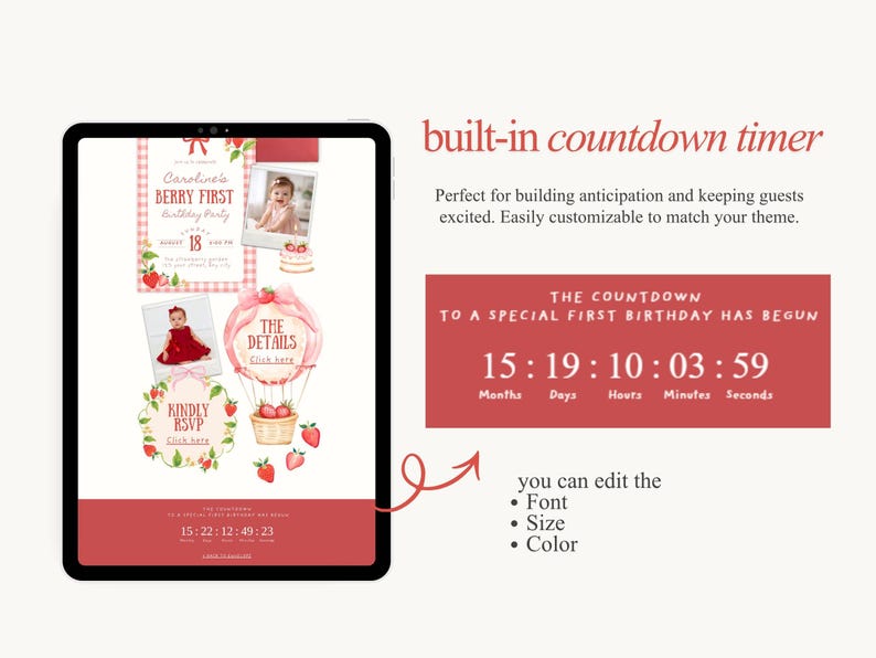 Puede incluir: Una tableta digital muestra una invitaci&oacute;n a una fiesta de cumplea&ntilde;os con tem&aacute;tica de fresas. El dise&ntilde;o incluye fotos, texto y un temporizador de cuenta regresiva. El texto dice "Caroline's Berry First Birthday Party" y "Kindly RSVP". El temporizador muestra 15 meses, 19 d&iacute;as, 10 horas, 3 minutos y 59 segundos.