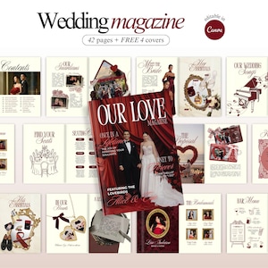 Peut inclure: Un magazine de mariage avec une couverture bordeaux représentant un couple. Le magazine, intitulé « Our Love Magazine », est entouré de pages avec du contenu lié au mariage, y compris une table des matières, des idées de sièges et des menus de bar. Le magazine a 42 pages et 4 couvertures gratuites.