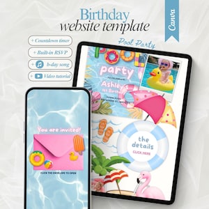 May include: A digital birthday website template displayed on a tablet and smartphone. The tablet shows a pool party theme with a baby in a yellow duck float. The smartphone displays a pink envelope with the text "You are invited!"