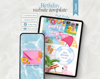Plantilla editable de invitación para sitio web de fiesta de cumpleaños en la piscina Sitio web de fiesta de cumpleaños de verano con RSVP Invitación retro para fiesta en la piscina cumpleaños de niña