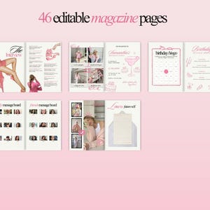 May include: A collection of pink magazine pages with various layouts. The text "46 editable magazine pages" is at the top. The pages include layouts for an interview, message boards, invitations, and a birthday bingo game. The overall theme is feminine.