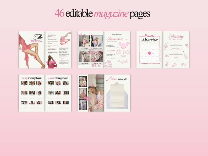 May include: A collection of pink magazine pages with various layouts. The text "46 editable magazine pages" is at the top. The pages include layouts for an interview, message boards, invitations, and a birthday bingo game. The overall theme is feminine.