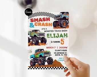 Editable Monster Truck Birthday Invitation Boom Crash Party Printable Monster Truck Bash Party DIY Monster Jam boy birthday party invitation