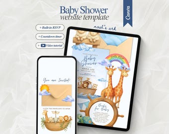 Editable Noah’s Ark Baby shower website with RSVP editable animal baby shower party invitation Christian baby shower evite bible story baby