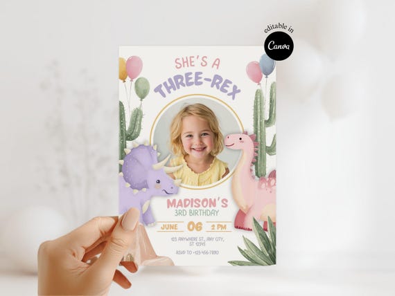 cute girl birthday trex party theme she's a three rex pastel Invitation editable dinosaur invite girl birthday dinosaur pastel invite 3rd